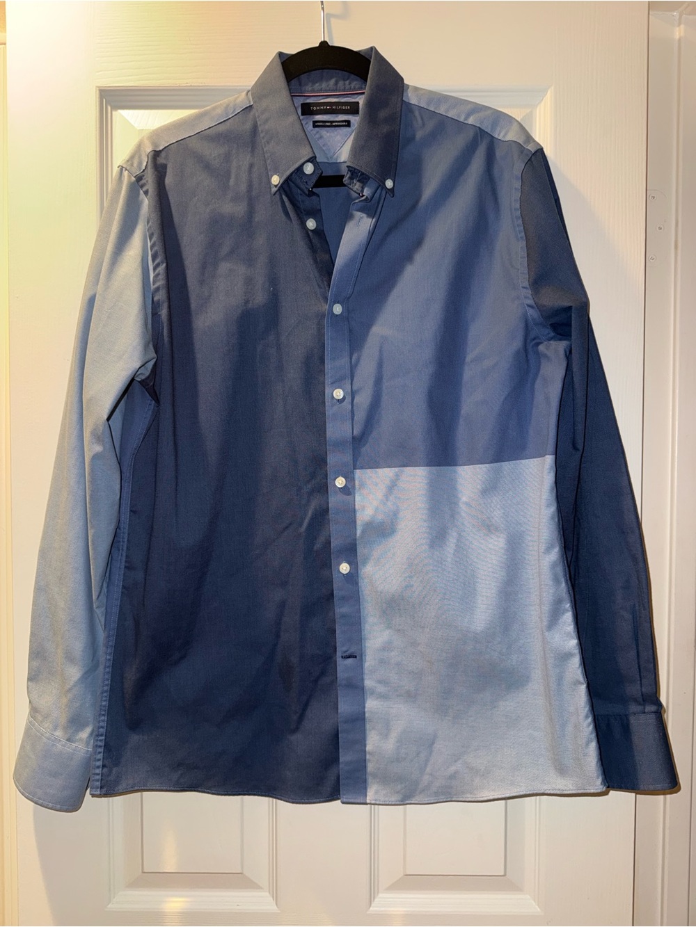 Tommy Hilfiger Men’s Color Block Patchwork Chambray Color Button-Down Shirt
